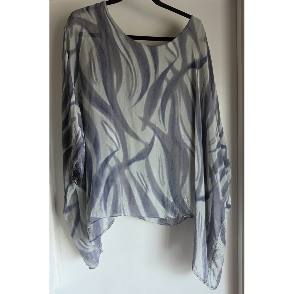 Le Marais Silk Blouse XL Gray Blue White Abstract Long Sleeve Top Italy Shirt